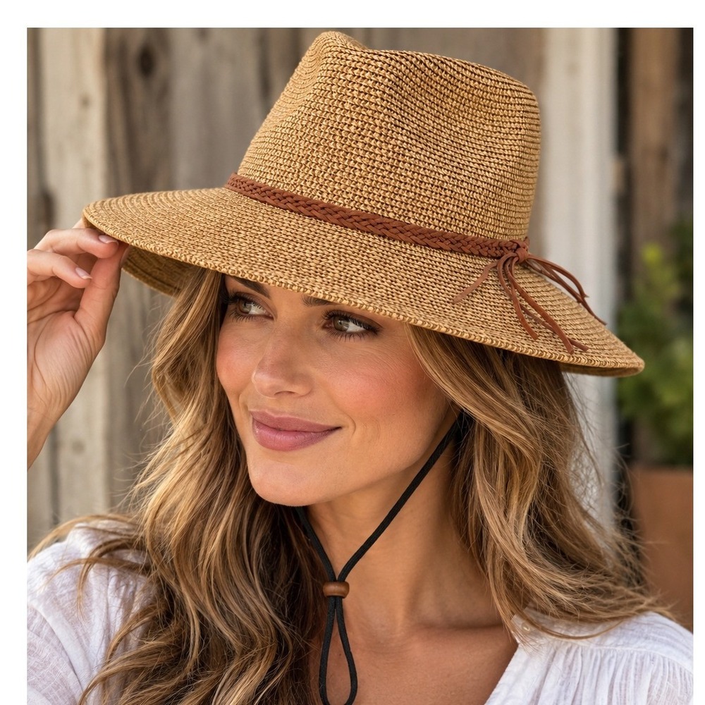 FURTALK Straw Sun Hat Womens M/L Tan Like New Braided Band Fedora Beach Hat